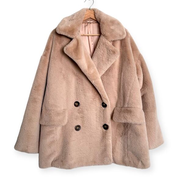 Free People Apricot Kate Faux Fur Double Breasted Overcoat Women's Size L - Picture 1 of 11